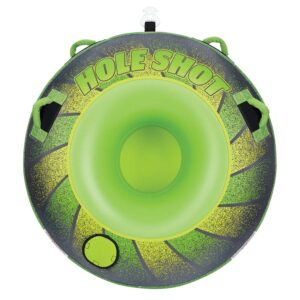 Green inflatable water tube with "Hole Shot" text.