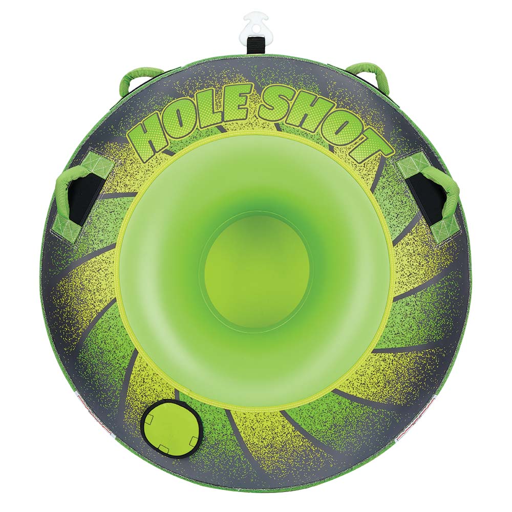 Green inflatable water tube with "Hole Shot" text.