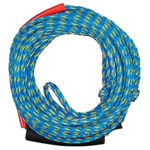 Colorful braided rope with red handle.