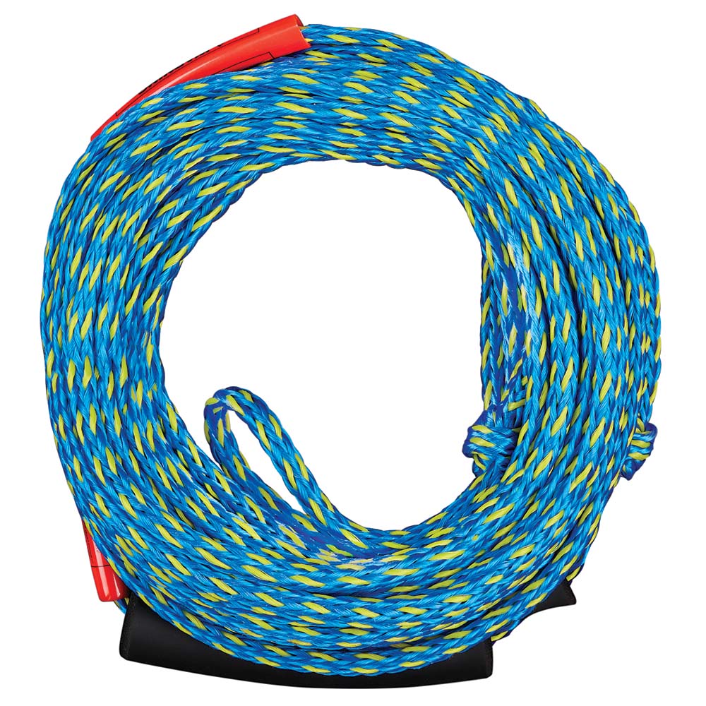 Colorful braided rope with red handle.