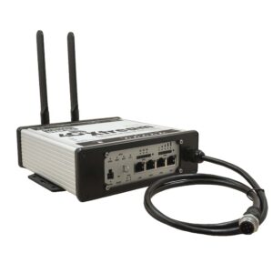 Wireless router with antennas and ethernet ports.