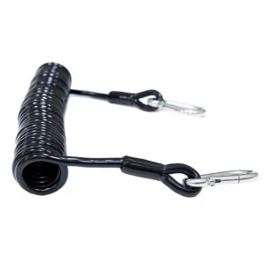 Black coiled cable with metal carabiners