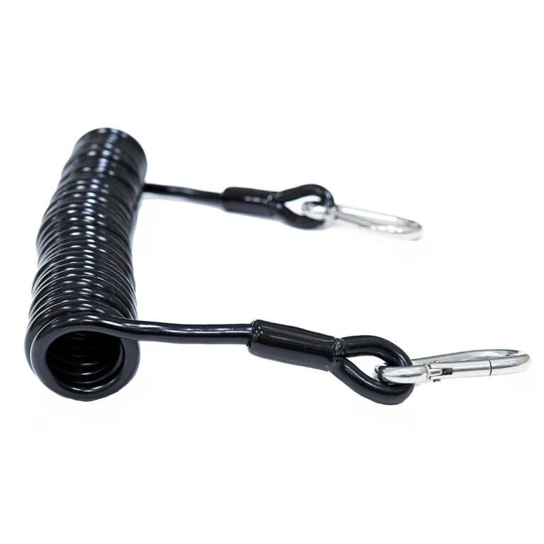 Black coiled cable with metal carabiners