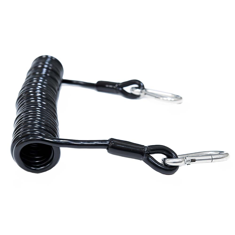 Black coiled cable with metal carabiners