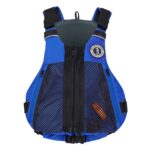 Blue life vest with black mesh front.