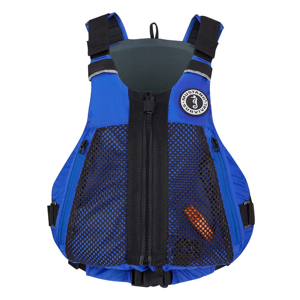Blue life vest with black mesh front.