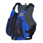 Blue and gray life jacket with mesh pockets.