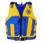 Yellow and blue life jacket with logo