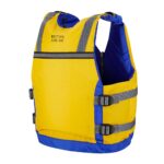 Yellow life jacket with blue trim and buckles.