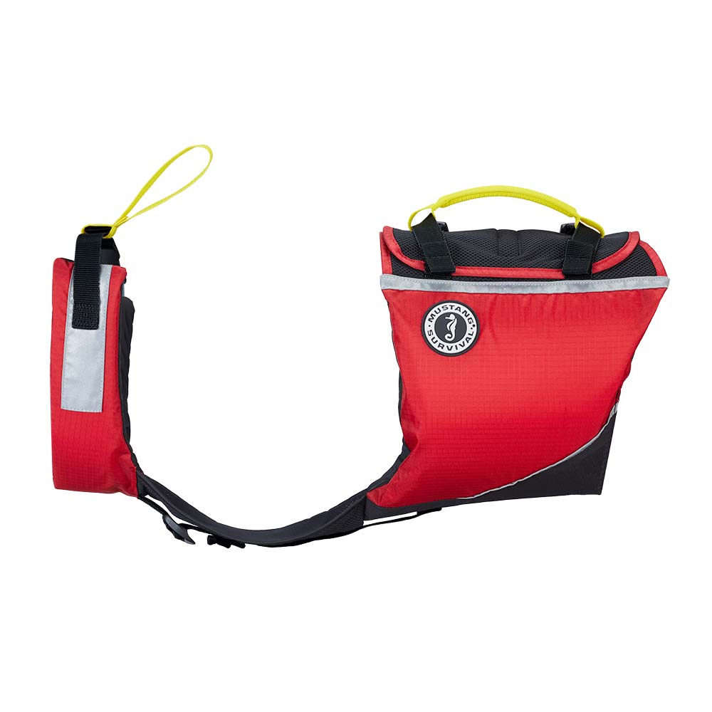 Red flotation device with handles and logo.