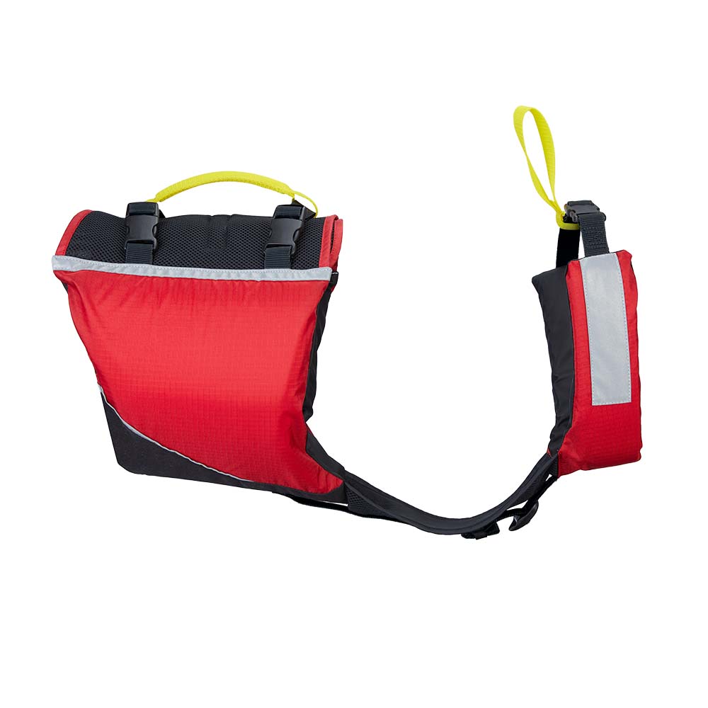 Red and black rescue flotation device with straps.