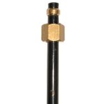 Close-up of brass compression fitting on black pipe.