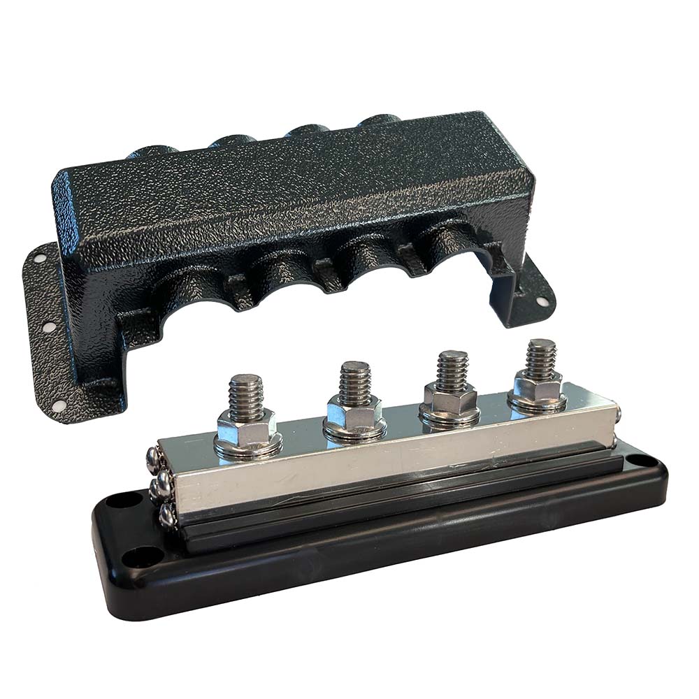 Metal junction block with cover, four terminals visible.