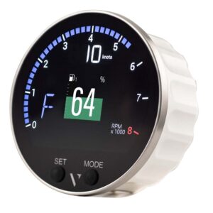 Digital boat speedometer showing 64 fuel percentage.