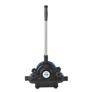 Manual bilge pump with handle, side view.