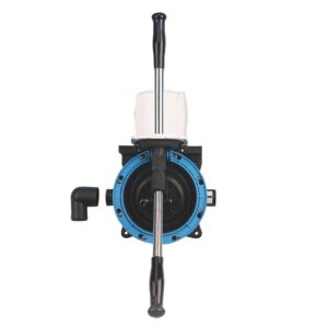 Manual water pump with handle and blue casing.