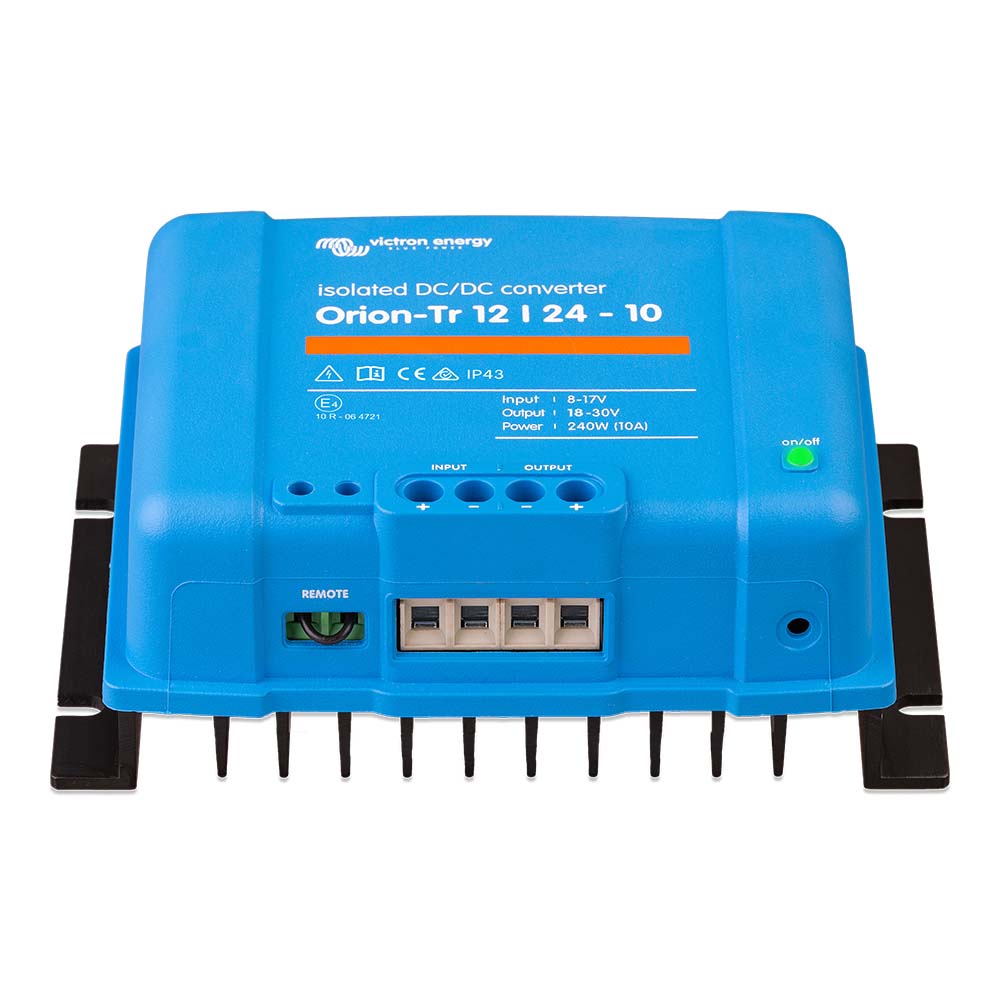Blue Victron Energy DC-DC converter front view.