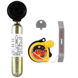 Manual automatic inflator with CO2 cylinder and key.