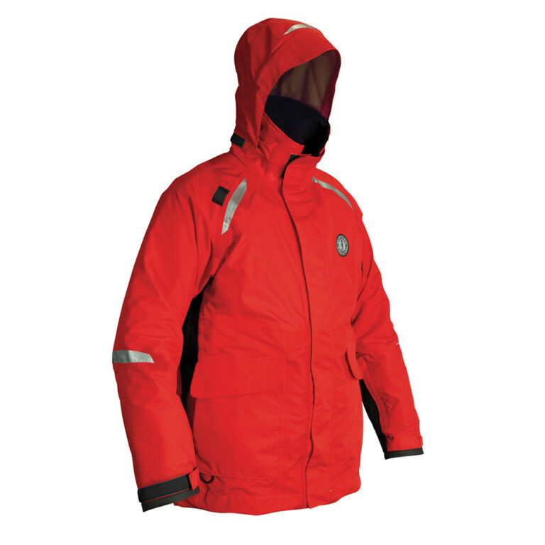 Red hooded jacket with reflective strips.