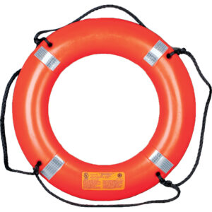 Orange lifebuoy with black rope for safety.
