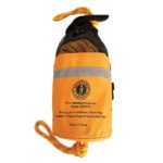 Orange rescue throw bag with rope and logo.