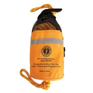 Orange rescue throw bag with rope and logo.