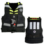 Black and yellow life jackets, front and back view.