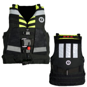 Black and yellow life jackets, front and back view.