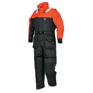 Orange and black insulated survival suit