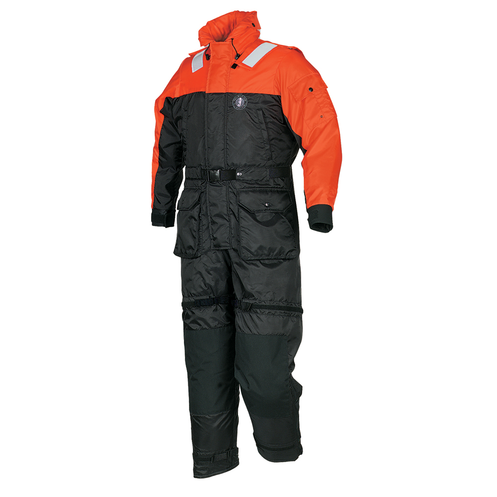 Orange and black insulated survival suit