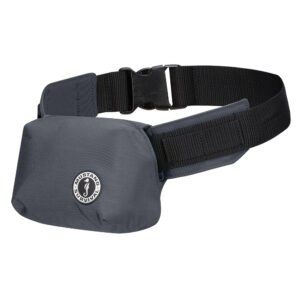 Gray life vest with black strap.