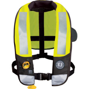 Yellow inflatable life jacket with reflective strips.