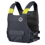 Black and yellow life jacket, front view.