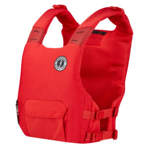 Red life jacket with logo and straps