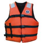 Orange life jacket with black straps.