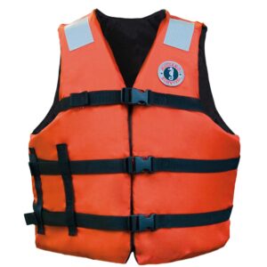 Orange life jacket with black straps.
