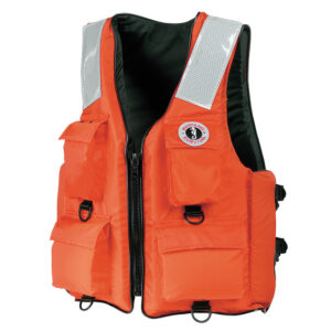 Orange life vest with reflective straps and pockets.