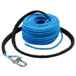 Coiled blue rope with carabiner clip