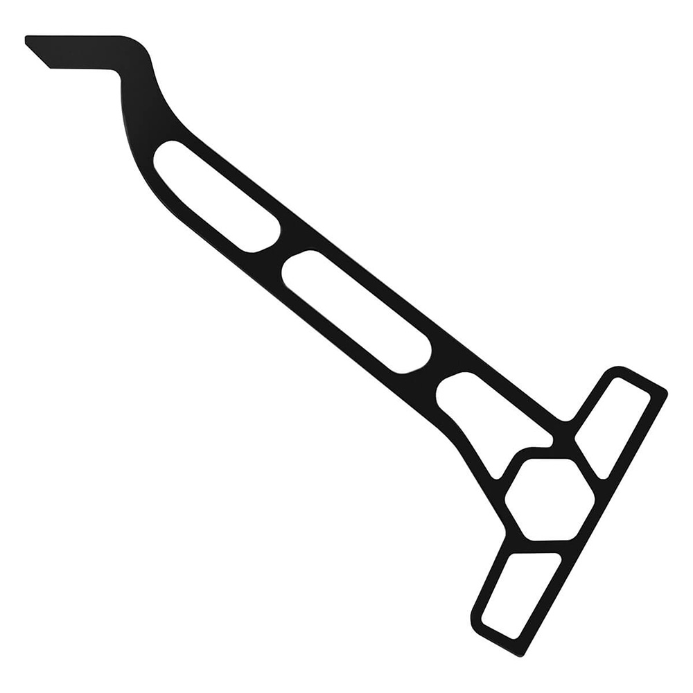Black metal pry tool with hexagonal holes.