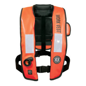 Orange work vest with reflective strips for safety.