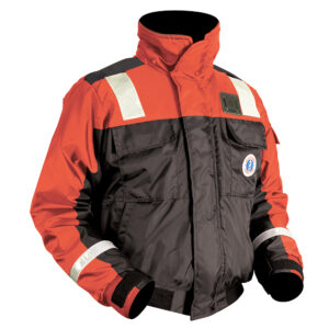 Orange and black safety jacket with reflective strips.