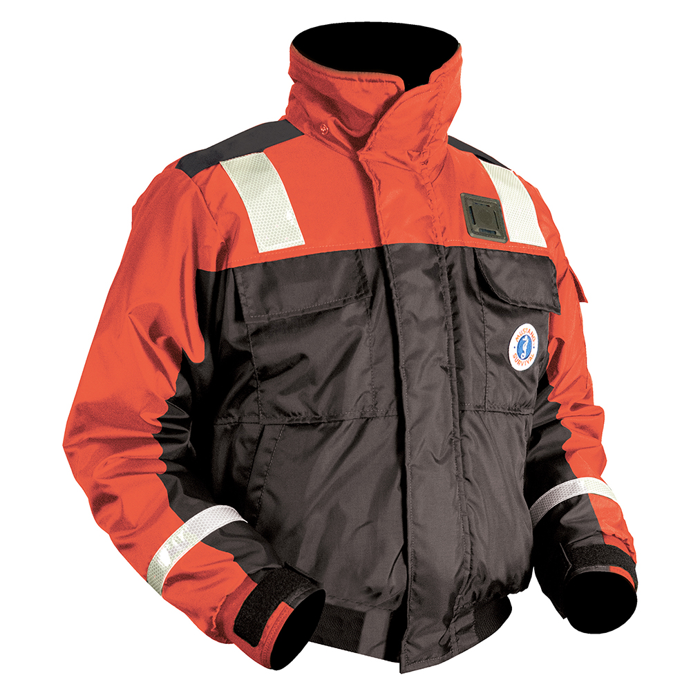 Orange and black safety jacket with reflective strips.