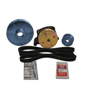 Automotive pulley system with belt and accessories.