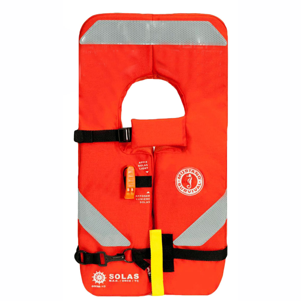 SOLAS-approved orange life jacket for marine safety.