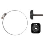 Metal hose clamp with screw, knob, and base.