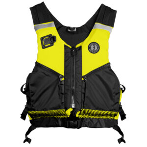 Yellow and black life jacket for safety.