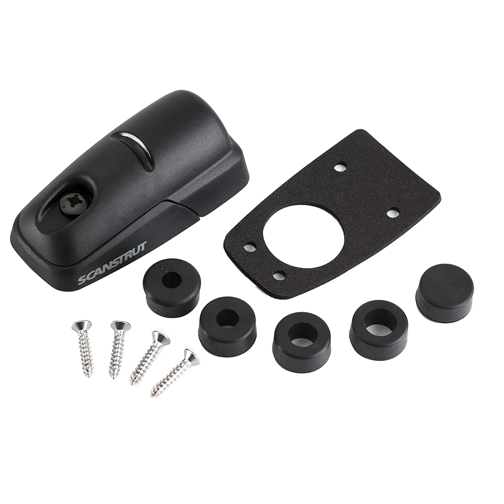 Black mounting hardware with screws and gaskets.
