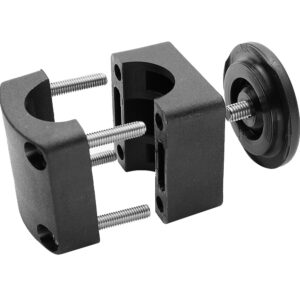 Black metal pipe support bracket with screws disassembled