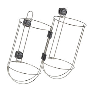 Metal wall-mounted wastebasket holders with rollers.