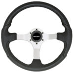Black leather steering wheel with silver spokes
